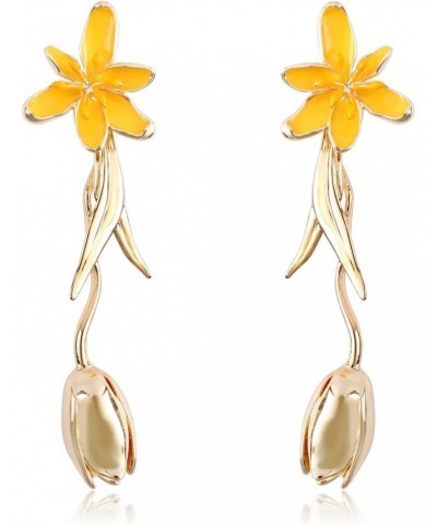 Gold Tulip Flower Earrings for Women Elegant Long Dangle Gold Plated Yellow Petal Floral Earrings Drop Climb Leaf Blossom Tul...