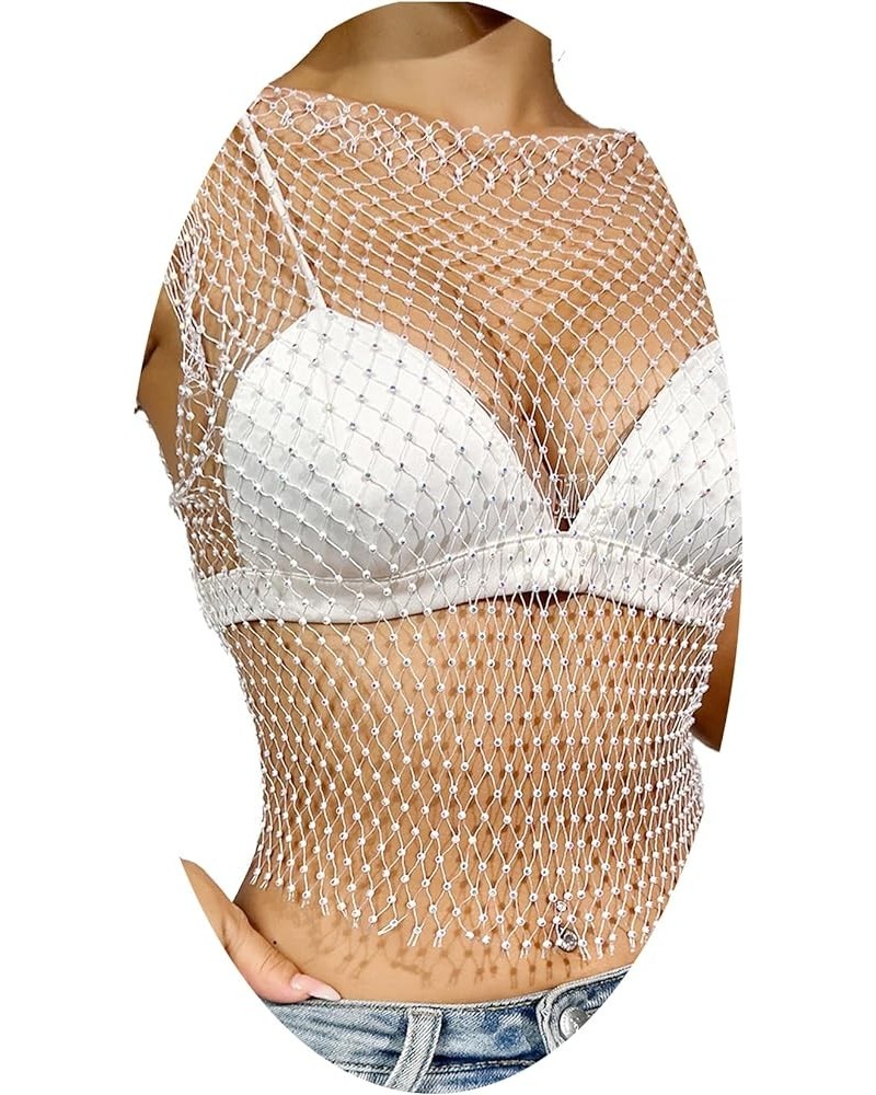 Women Mesh Body Chains Rhinestone Sleeve Crystal See Through Fishnet BikiniCrop Top suit for daily or night club jewelry Bai-...