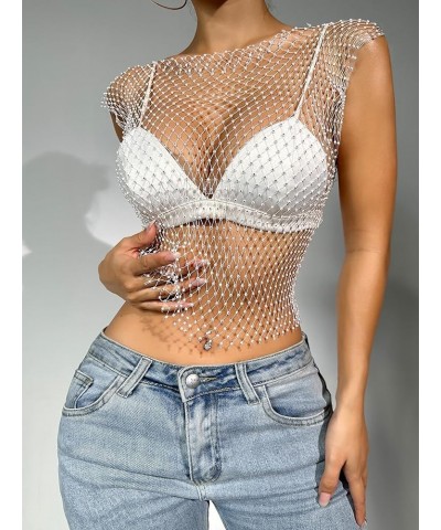 Women Mesh Body Chains Rhinestone Sleeve Crystal See Through Fishnet BikiniCrop Top suit for daily or night club jewelry Bai-...