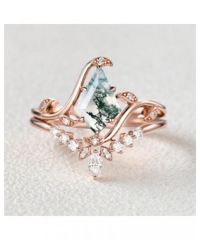 Natural Moss Agate Ring Set 925 Sterling Silver Moss Agate and Moissanite Engagement Ring for Women Free Engraving 1.5 ct-Sty...