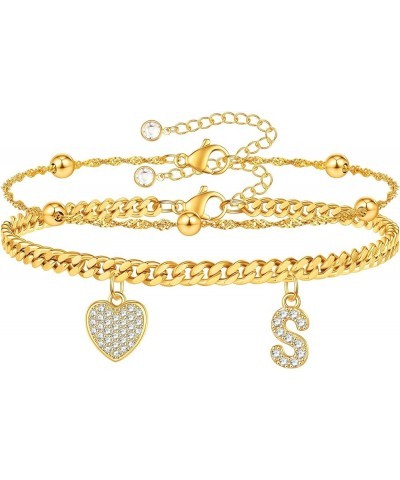 Gold Initial Ankle Bracelets for Women 14K Gold Plated Heart Initial Charm Gold Anklets for Women Cuban Figaro Bead Link Chai...