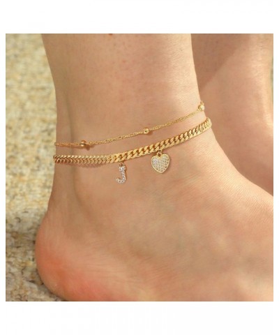 Gold Initial Ankle Bracelets for Women 14K Gold Plated Heart Initial Charm Gold Anklets for Women Cuban Figaro Bead Link Chai...