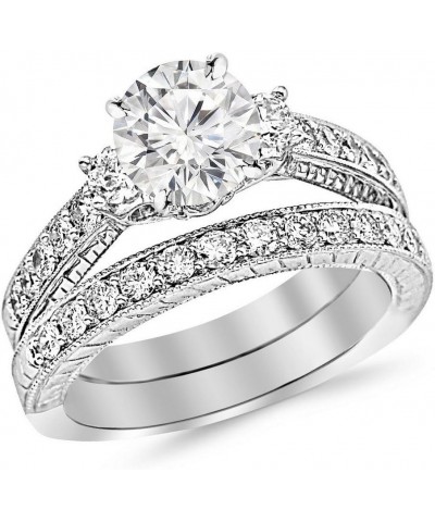 14K White Gold 2.5 Carat LAB GROWN DIAMOND Three Stone Vintage With Milgrain & Filigree Bridal Set with Wedding Band & Round ...