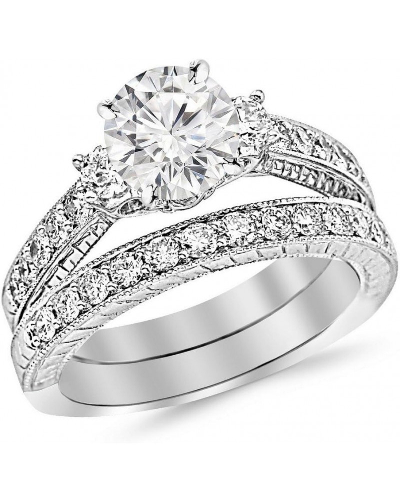 14K White Gold 2.5 Carat LAB GROWN DIAMOND Three Stone Vintage With Milgrain & Filigree Bridal Set with Wedding Band & Round ...