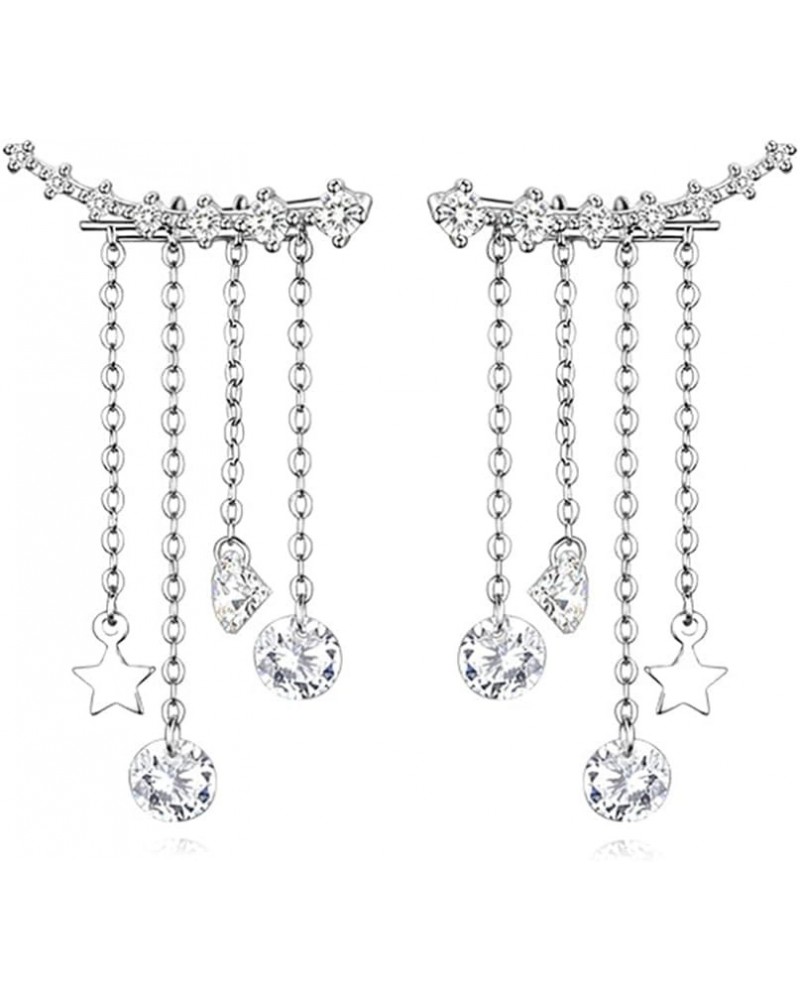 Solid 925 Sterling Silver Crawler Earrings Tassel Chain Dangle for Women Girls 7 Crystal Cuff Earrings Climber A-Silver $11.9...