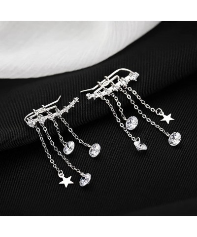 Solid 925 Sterling Silver Crawler Earrings Tassel Chain Dangle for Women Girls 7 Crystal Cuff Earrings Climber A-Silver $11.9...