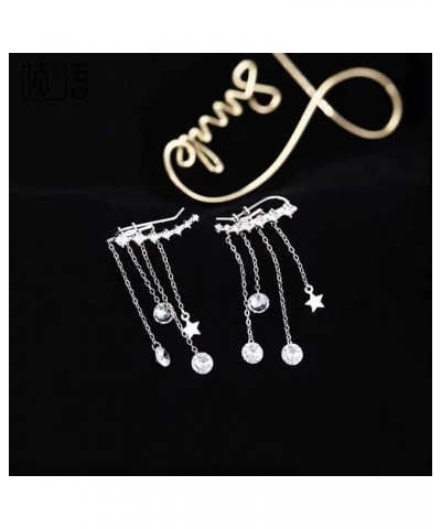 Solid 925 Sterling Silver Crawler Earrings Tassel Chain Dangle for Women Girls 7 Crystal Cuff Earrings Climber A-Silver $11.9...