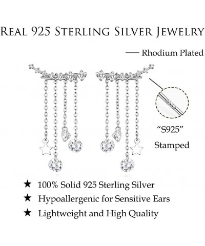 Solid 925 Sterling Silver Crawler Earrings Tassel Chain Dangle for Women Girls 7 Crystal Cuff Earrings Climber A-Silver $11.9...