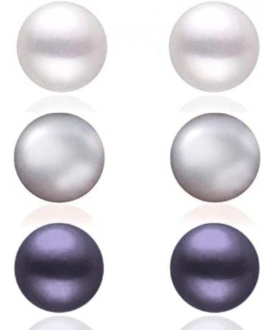 Boxed Set 3 pairs 8mm Genuine Freshwater Cultured Pearl Stud Earrings in 925 Sterling Silver ✦June Birthstone✦ White, Grey, P...