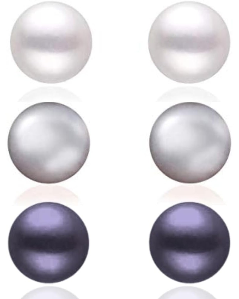 Boxed Set 3 pairs 8mm Genuine Freshwater Cultured Pearl Stud Earrings in 925 Sterling Silver ✦June Birthstone✦ White, Grey, P...