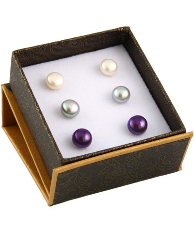 Boxed Set 3 pairs 8mm Genuine Freshwater Cultured Pearl Stud Earrings in 925 Sterling Silver ✦June Birthstone✦ White, Grey, P...