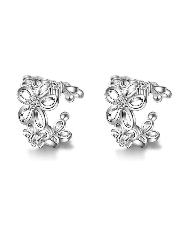 CZ Flower Cuff Wrap Clip On Hoop Earrings for Women Teen Girls Non Piercing Ear Cartilage Dainty Hoops Silver $7.51 Earrings