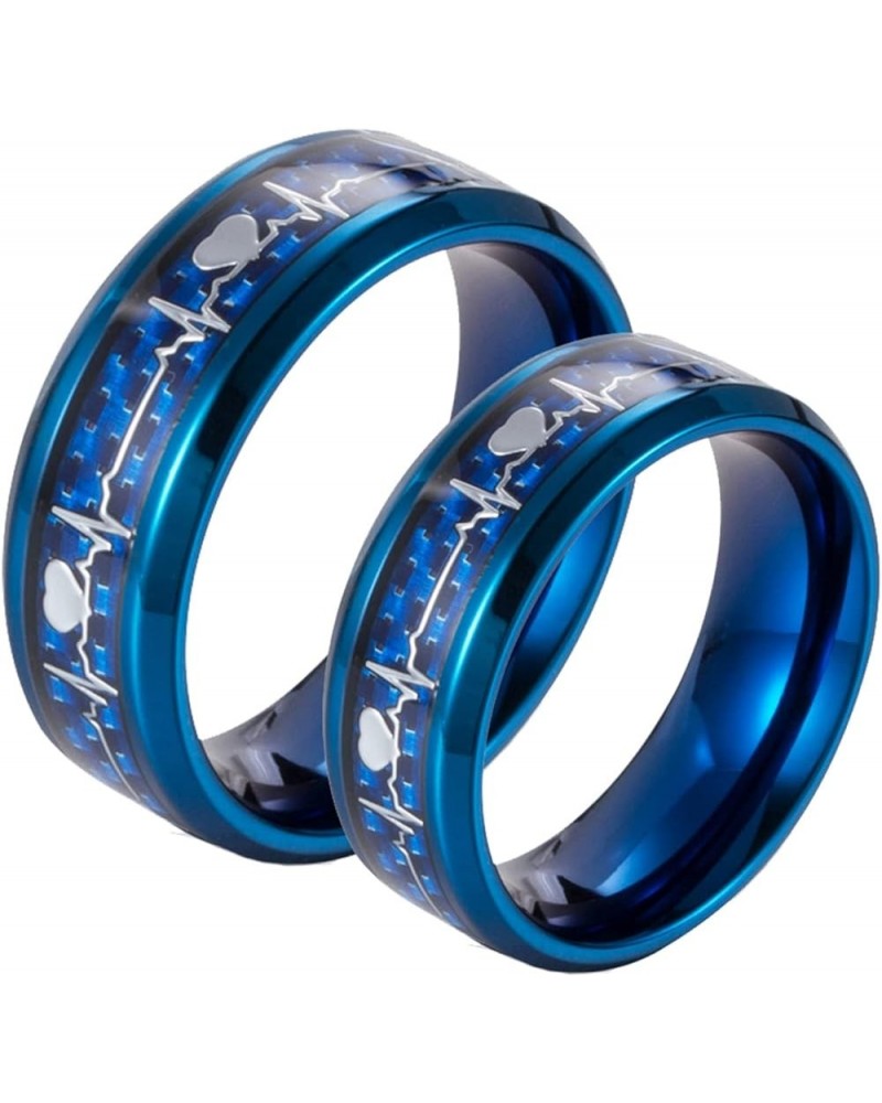 Couples Rings Stainless Steel, Custom Rings for Men and Women Blue Carbon Fiber Ring with Heartbeat Size 6 to Size 13 No Lett...