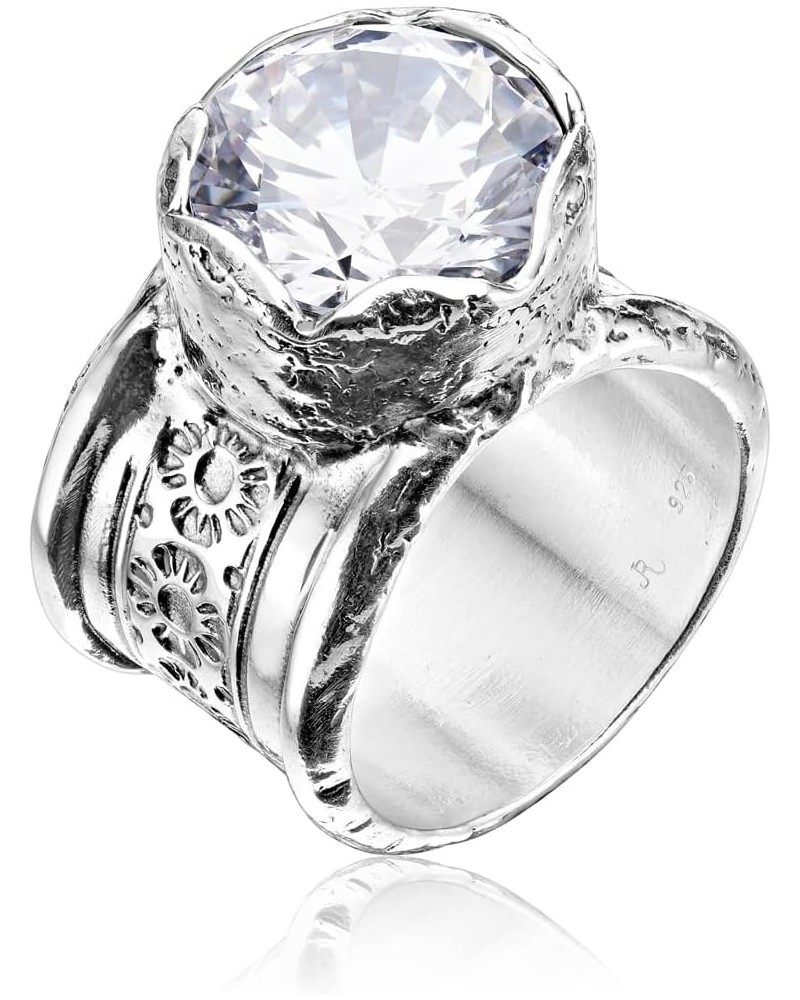 925 Sterling Silver Ring With Textured/Floral Cubic Zirconia Vintage Look Stylish Hypoallergenic, Nickel and Lead-free, Artis...