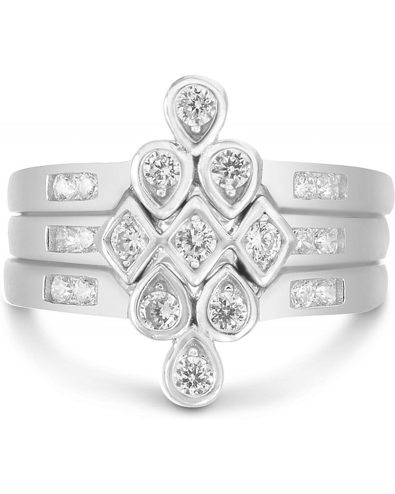 Sterling Silver V Shaped Round Trio Ring Stack with Cubic Zirconia Chevron Three Piece Dainty Puzzle Stacking Rings $13.92 Rings