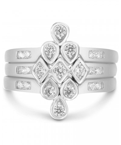 Sterling Silver V Shaped Round Trio Ring Stack with Cubic Zirconia Chevron Three Piece Dainty Puzzle Stacking Rings $13.92 Rings