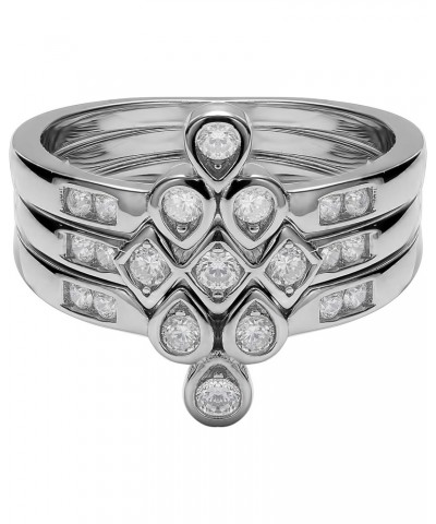 Sterling Silver V Shaped Round Trio Ring Stack with Cubic Zirconia Chevron Three Piece Dainty Puzzle Stacking Rings $13.92 Rings