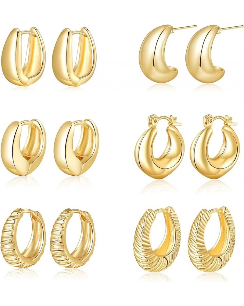 6 Pairs Gold Hoop Earrings for Women, 14K Gold Plated Lightweight Chunky Hoop Earrings Set Hypoallergenic, Thick Open Huggie ...