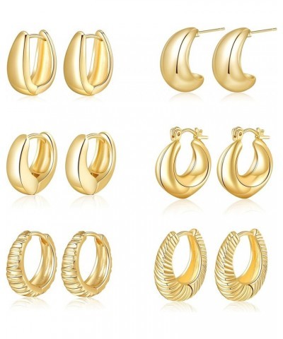 6 Pairs Gold Hoop Earrings for Women, 14K Gold Plated Lightweight Chunky Hoop Earrings Set Hypoallergenic, Thick Open Huggie ...