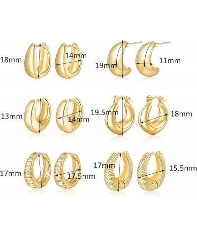 6 Pairs Gold Hoop Earrings for Women, 14K Gold Plated Lightweight Chunky Hoop Earrings Set Hypoallergenic, Thick Open Huggie ...