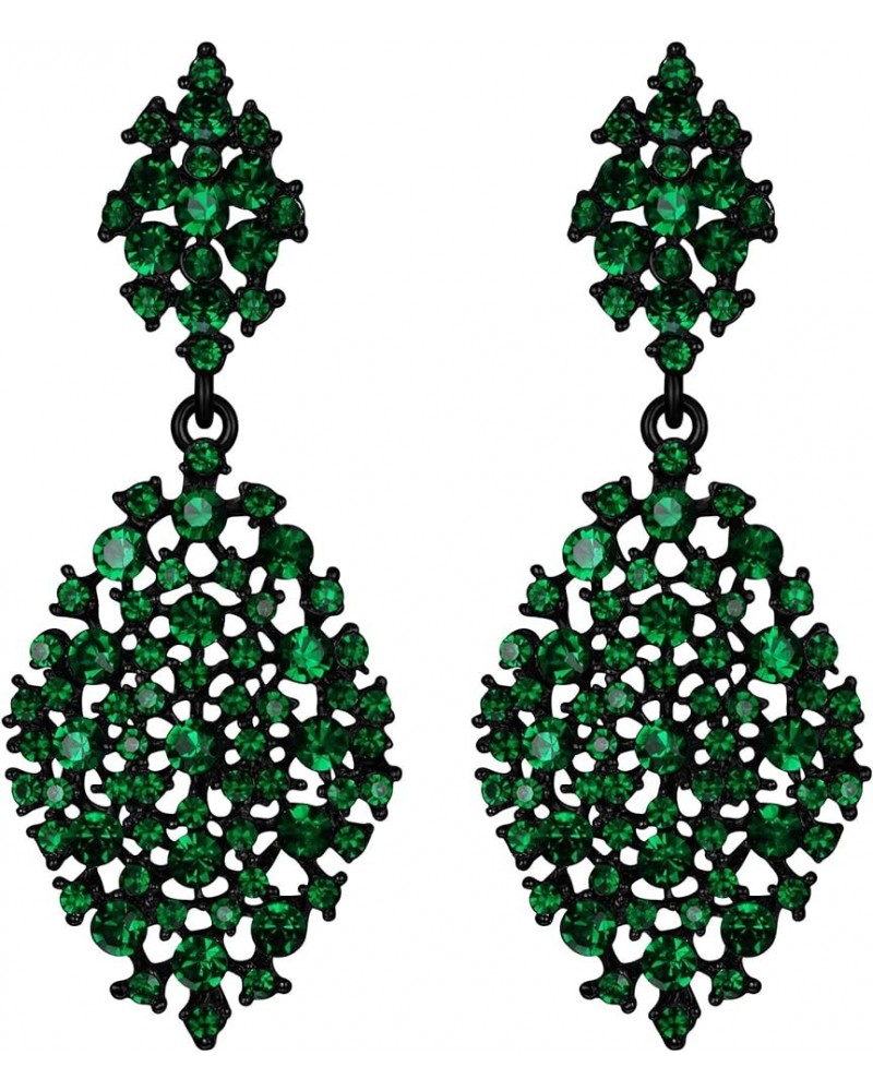 Women's Austrian Crystal Party Hollow-out Teardrop Pierced Dangle Earrings for Wedding Feast Green Black-Tone $10.18 Earrings