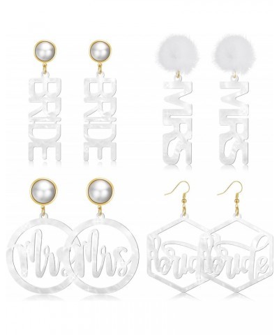 4 Pairs Bride and Mrs Earrings Set Mrs Bride Letter Dangle Earring Acrylic Wedding Earrings for Brides Handmade Bridal Earrin...