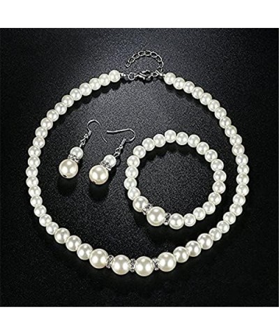 Elegant Faux Pearl Imitation Crystal Necklace Earring and Bracelet Red Green Color Costume Jewelry Set for Women Girls White ...