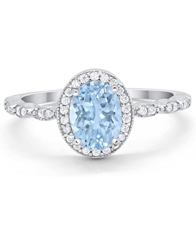 Oval Art Deco Wedding Engagement Ring Halo Bridal 925 Sterling Silver Choose Color Simulated Aquamarine CZ $11.96 Rings