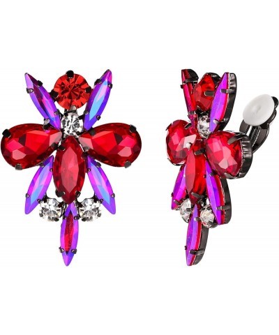 Flower Clip-on Earrings, Rhinestone Crystal Costume Statement Vintage Art Deco Earrings for Women Girls Red $11.99 Earrings