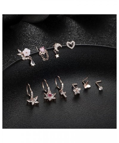 10 Pcs 20G Gold Nose Ring Studs for Women Stainless Steel L Shaped Dangle Nose Studs CZ Cross Butterfly Gold Dangle Nose Ring...