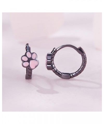 Black Gold Dog Cat Paw Print Small Hoop Earrings 925 Sterling Silver CZ Crystal Pet Animal Puppy Huggie Hoops Cartilage Earri...