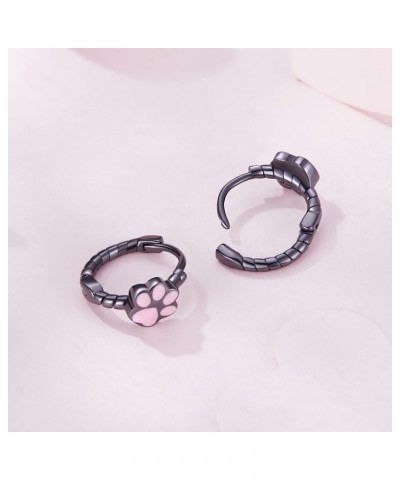 Black Gold Dog Cat Paw Print Small Hoop Earrings 925 Sterling Silver CZ Crystal Pet Animal Puppy Huggie Hoops Cartilage Earri...