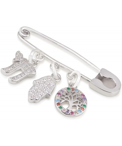 925 Sterling Silver Baby Brooch Safety Pin for Stroller and Diaper Bag With Symbolic Charms Star of David, Hamsa, Evil Eye, C...