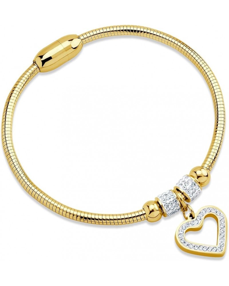 Womens Sparkly Magnetic Clasp CZ Love Heart Charm Bangle Bracelet Yellow Gold $10.25 Bracelets