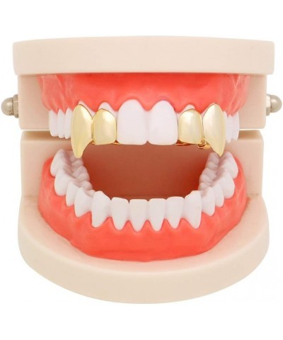 2 Pcs 18K Gold Plated Double Tooth Cap Hip Hop Teeth Grillz Vampire Fangs Grills Set for Men and Women Rapper Cosplay Costume...