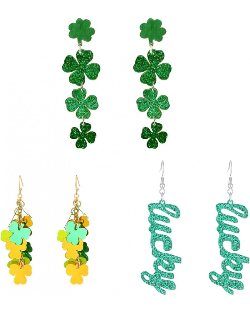 3 Pairs St. Patrick's Day Earrings for Women Girls, Irish Shamrock Acrylic Dangle Earrings Green Hat Clover Horseshoe Drop Ea...