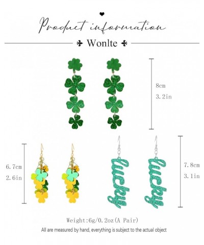 3 Pairs St. Patrick's Day Earrings for Women Girls, Irish Shamrock Acrylic Dangle Earrings Green Hat Clover Horseshoe Drop Ea...