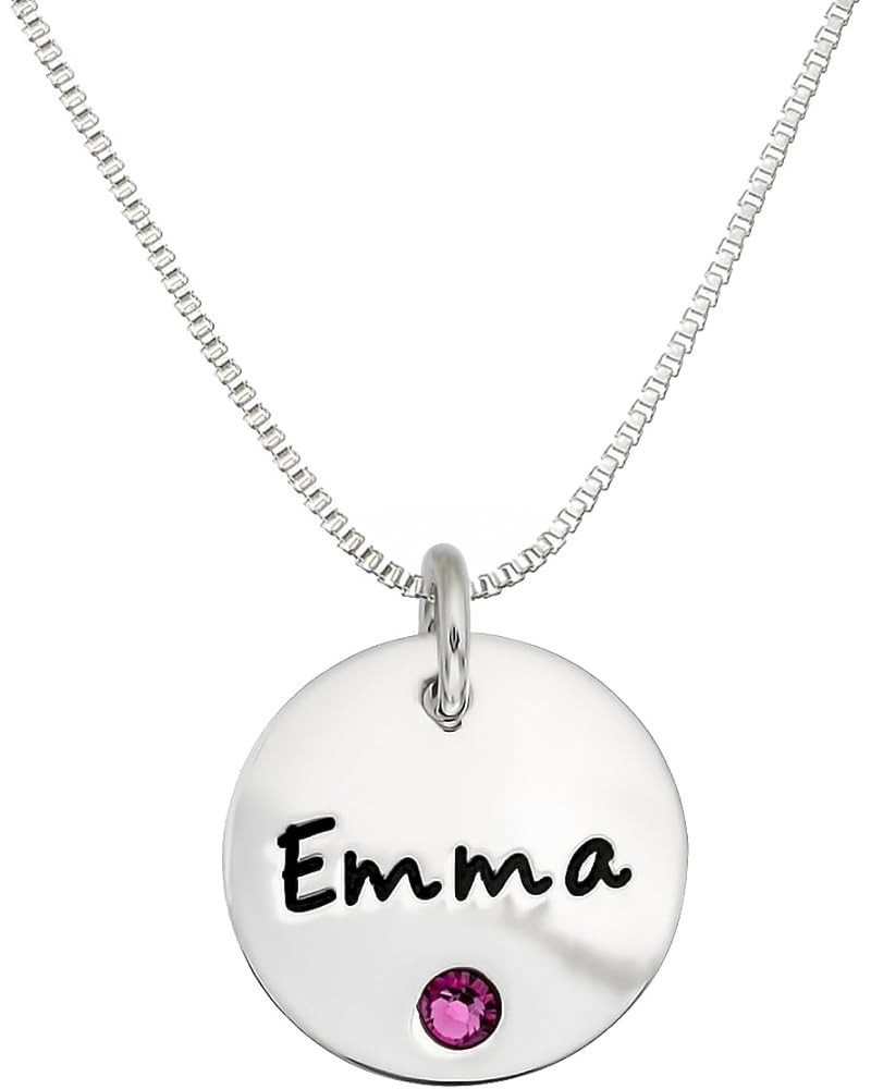 Personalized Sterling Silver Round Name Charm Necklace with Choice of Swarovski® Birthstone Setting. 20" Box Chain $16.65 Nec...