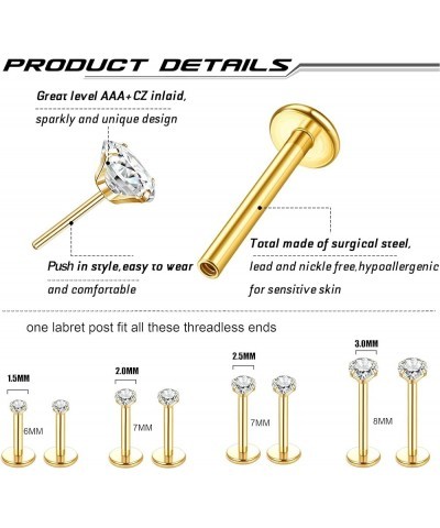 14K Gold Filled Threadless Nose Studs CZ Nose Rings for Women Men 316L Surgical Steel Labret Studs Lip Rings Push in Flat Bac...