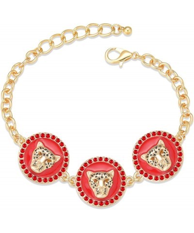 Women's Crystal 3 Leopard Heads Chain Bracelet Hip Hop Animal Charm Round Plate Bracelets Jewelry Red $6.04 Bracelets