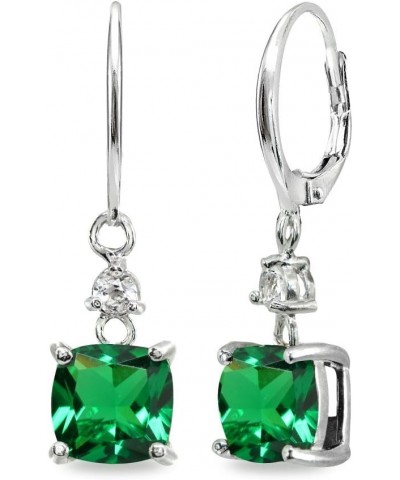 Sterling Silver Genuine or Synthetic Gemstone 7mm Cushion-cut Leverback Dangle Earrings for Women Synthetic Green Quartz - Ma...