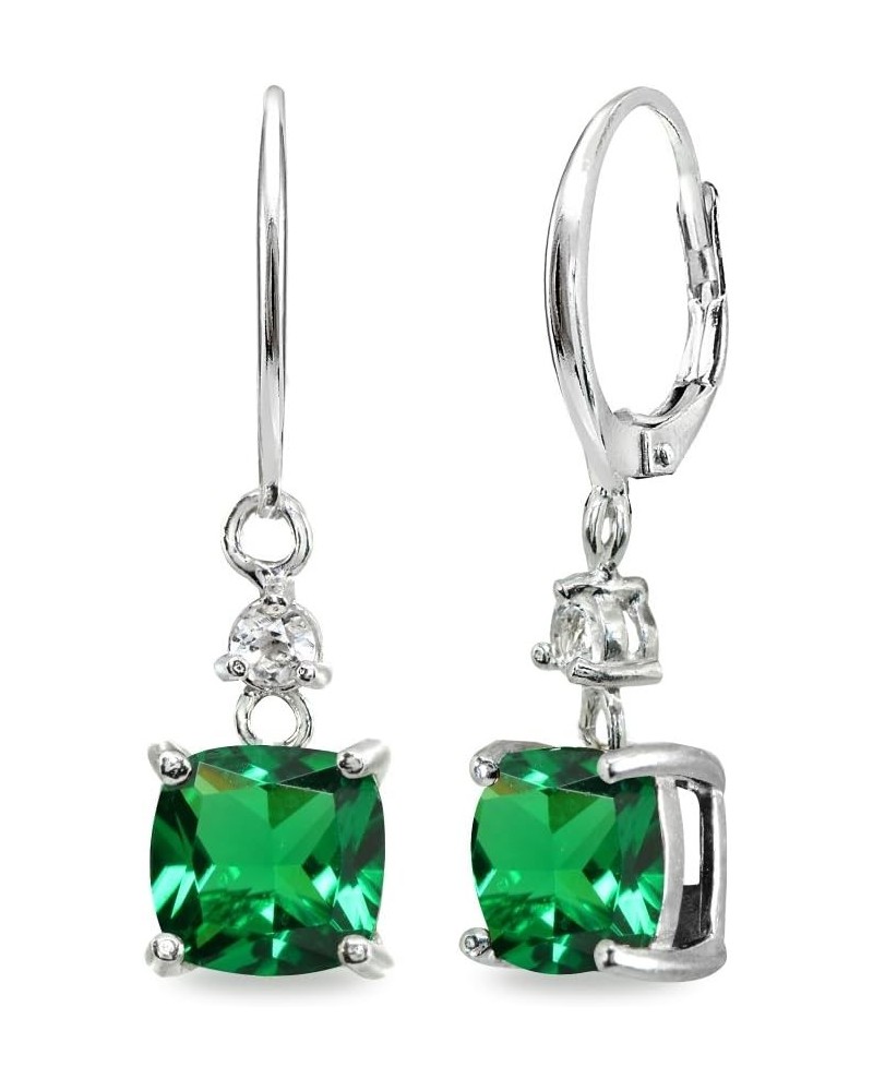 Sterling Silver Genuine or Synthetic Gemstone 7mm Cushion-cut Leverback Dangle Earrings for Women Synthetic Green Quartz - Ma...