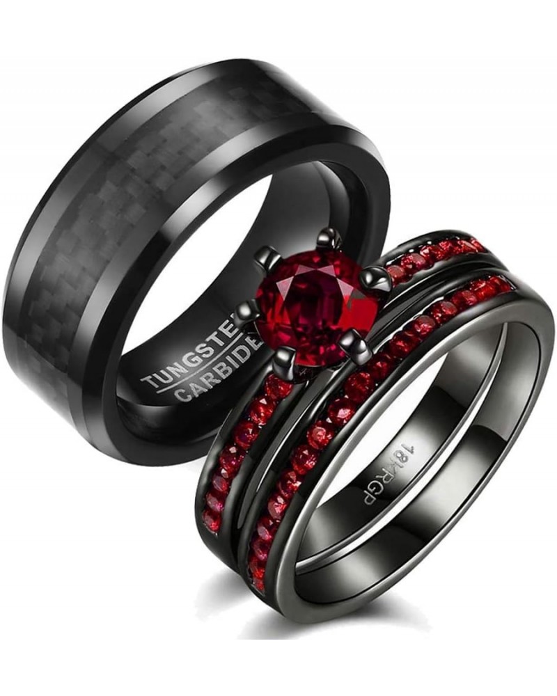 3pc His Hers Wedding Ring Sets Couples Rings Women's 2pc Black Gold Filled Red CZ Wedding Engagement Ring Bridal Sets & Men's...