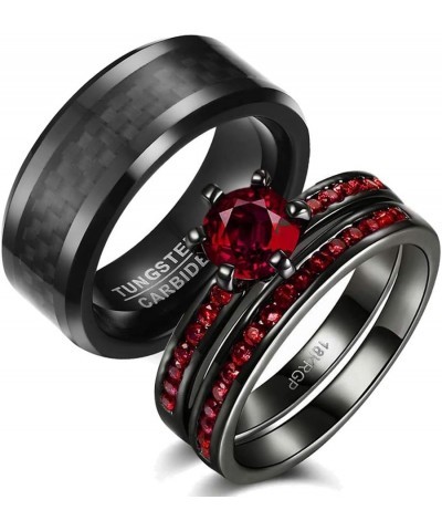 3pc His Hers Wedding Ring Sets Couples Rings Women's 2pc Black Gold Filled Red CZ Wedding Engagement Ring Bridal Sets & Men's...