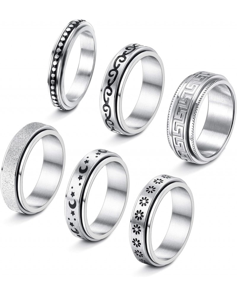 6Pcs Stainless Steel Spinner Ring for Women Men Fidget Band Rings Moon Star Meditation Ring Set for Stress Anxiety Relieving ...