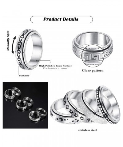 6Pcs Stainless Steel Spinner Ring for Women Men Fidget Band Rings Moon Star Meditation Ring Set for Stress Anxiety Relieving ...