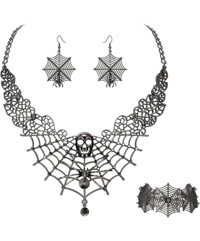 Halloween Costume Spider Cobwebs Crystal Necklace Earrings Set Gothic Skull Pendant Collar Jewelry Set for Women Girls Cospla...