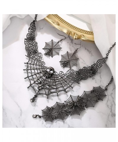 Halloween Costume Spider Cobwebs Crystal Necklace Earrings Set Gothic Skull Pendant Collar Jewelry Set for Women Girls Cospla...