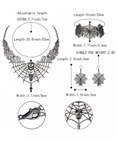 Halloween Costume Spider Cobwebs Crystal Necklace Earrings Set Gothic Skull Pendant Collar Jewelry Set for Women Girls Cospla...