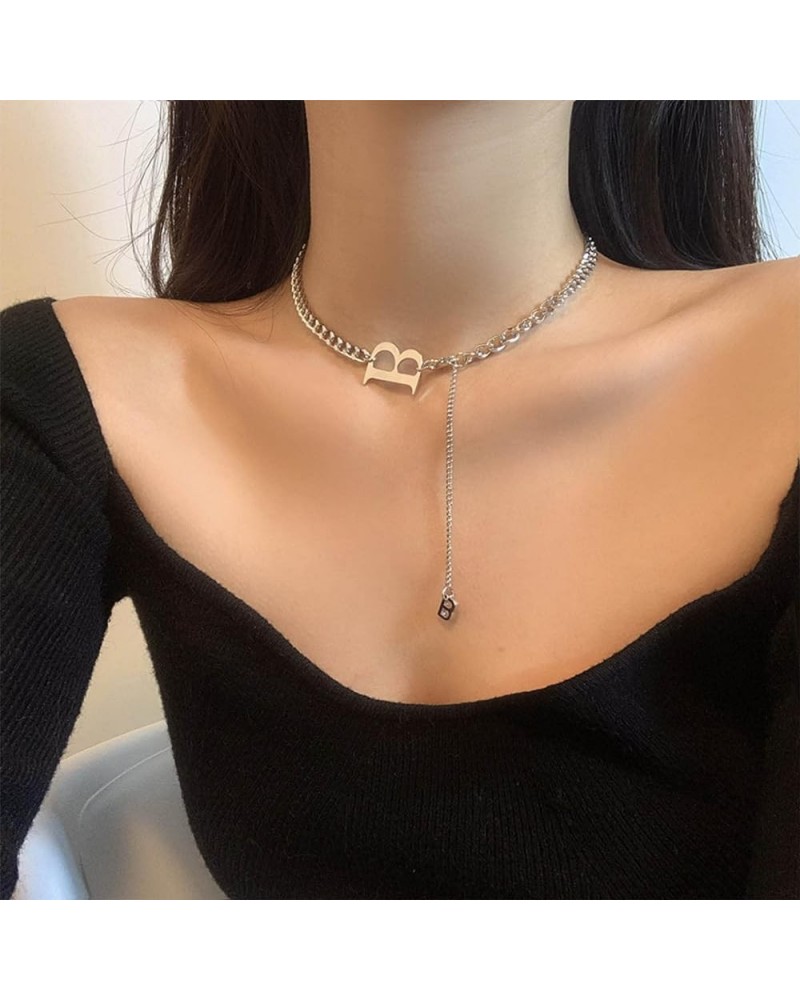 Punk Initial B Choker Necklace Vintage Silver Letter B Pendant Necklace Monogram Name Y Necklace Chunky Cuban Link Chain Chok...